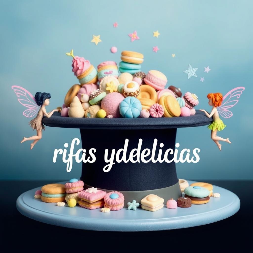 An enchanting image for a company and/or page named "rifas y delicias" in soft pastel blue tones
