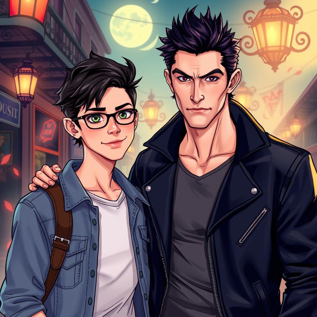 A vibrant, detailed illustration of two characters: one is a person who resembles the user, with casual yet stylish attire and expressive features, standing next to Klaus Mikaelson, a well-known character from 'The Vampire Diaries'