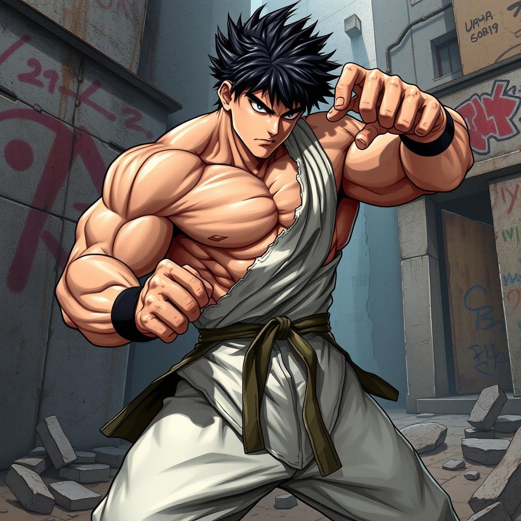 A powerful fighter inspired by the Baki style, showcasing immense muscle definition and a fierce expression