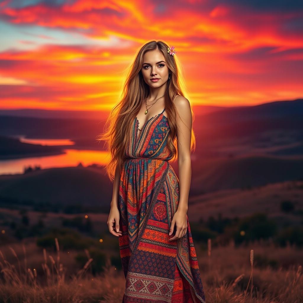 A stunning female figure standing confidently in a vibrant, colorful sunset