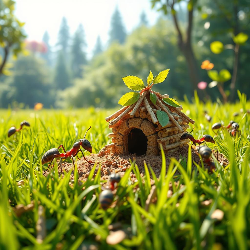 An evil ant working diligently in a sunny grassy field, carrying vibrant green leaves and small brown sticks to build a tiny house