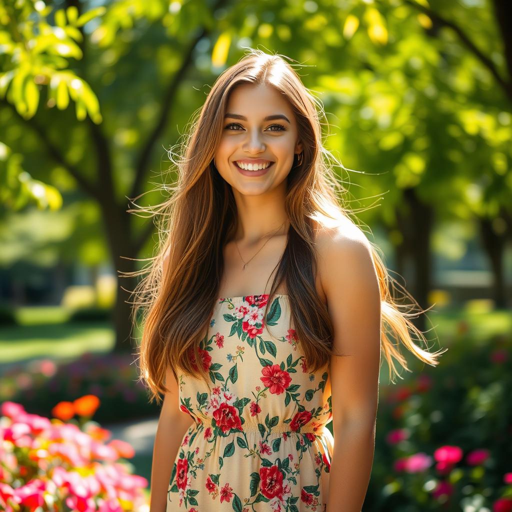 A stunning portrait of a beautiful young woman standing confidently in a sunlit park, surrounded by vibrant green trees and colorful flowers, wearing a stylish summer dress that flows gently in the breeze