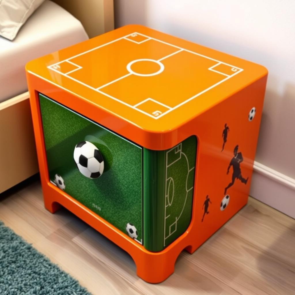 A vibrant orange nightstand designed with a football theme, featuring a surface that resembles a football pitch, complete with white line markings