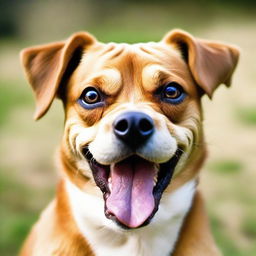 The same lively and adorable dog, now displaying a slightly angry expression with furrowed brows and bared teeth.