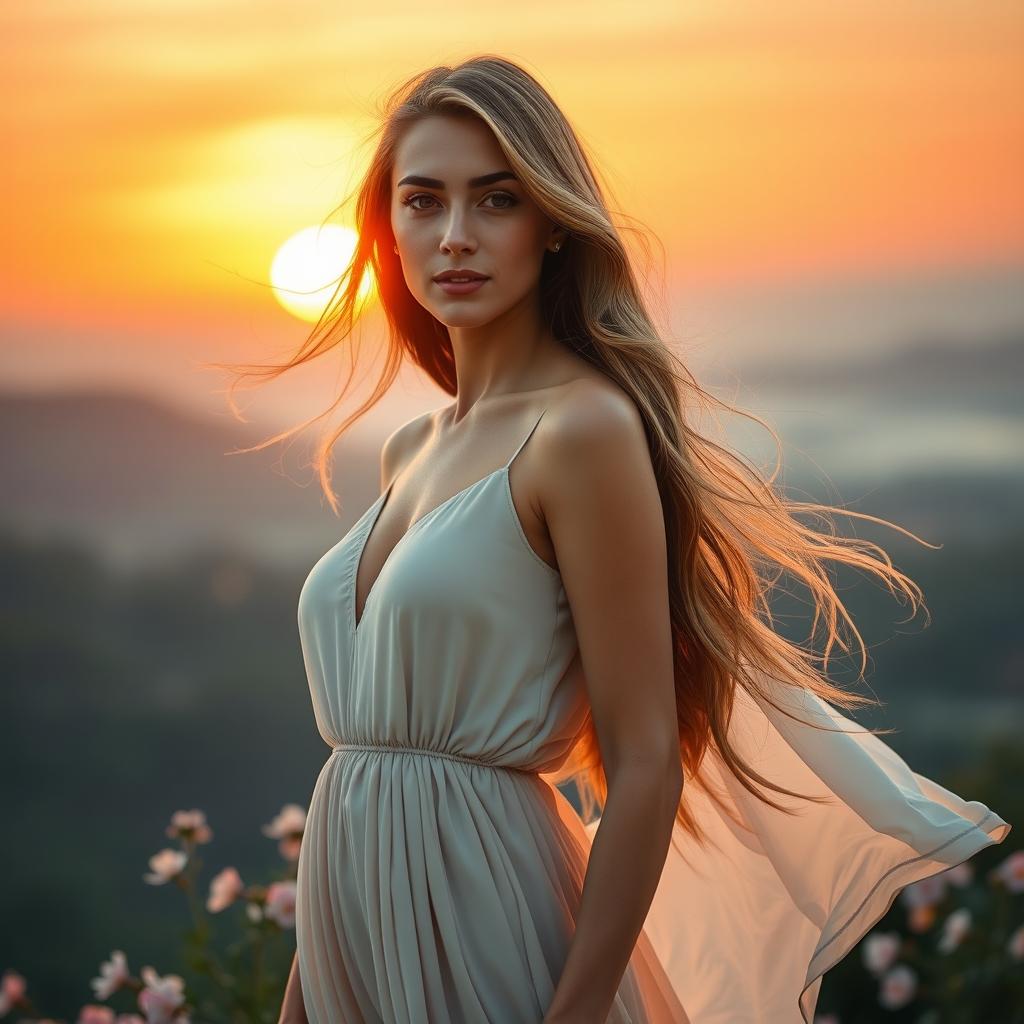 A beautiful woman with flowing long hair, wearing an elegant flowing dress, standing against a picturesque sunset background