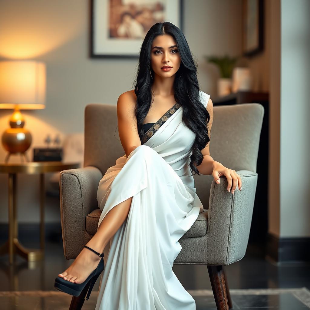 A beautiful woman with long black hair, elegantly dressed in a flowing white saree, sitting gracefully on a stylish chair