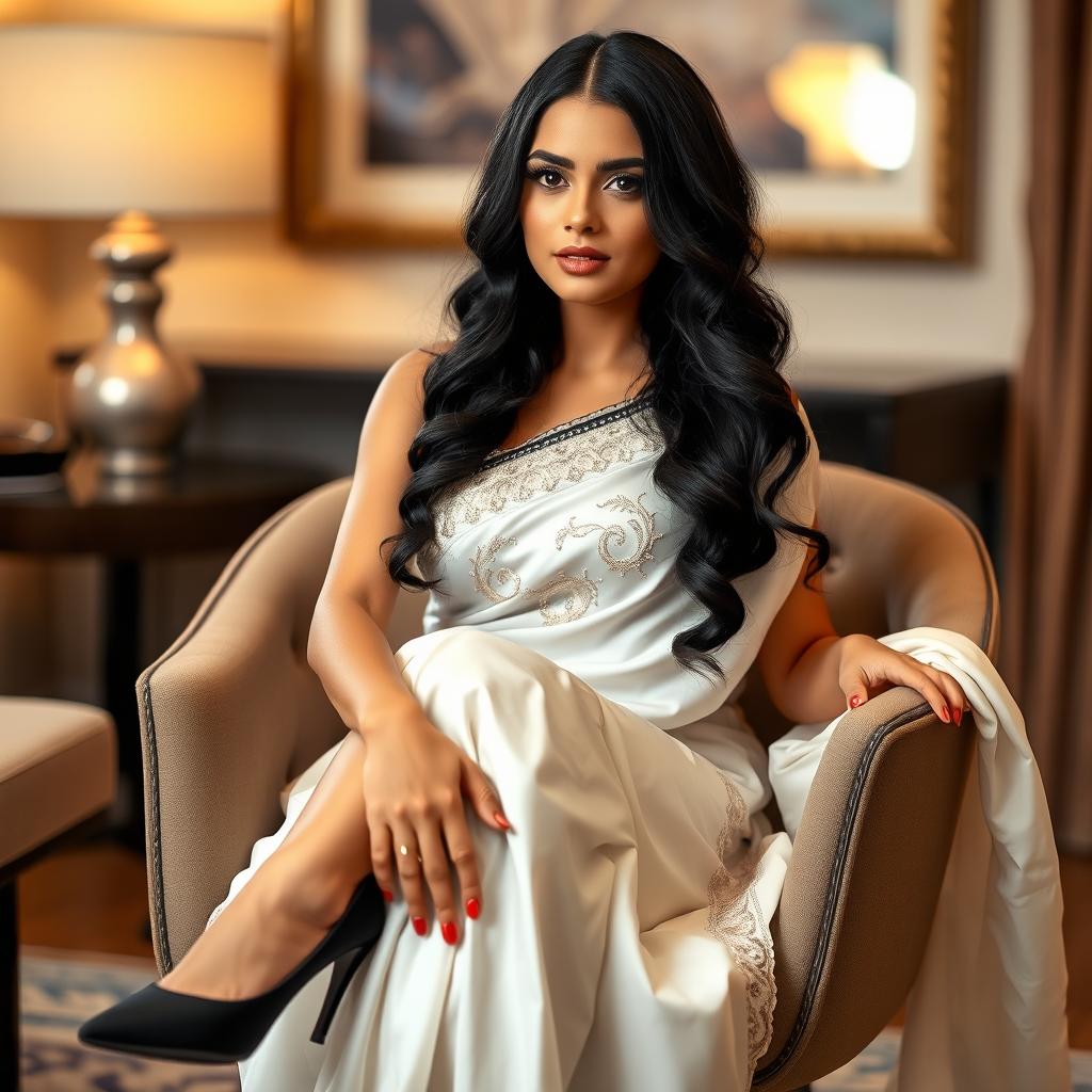A beautiful woman with long black hair, elegantly dressed in a stunning white saree, sitting gracefully on a chic, modern chair