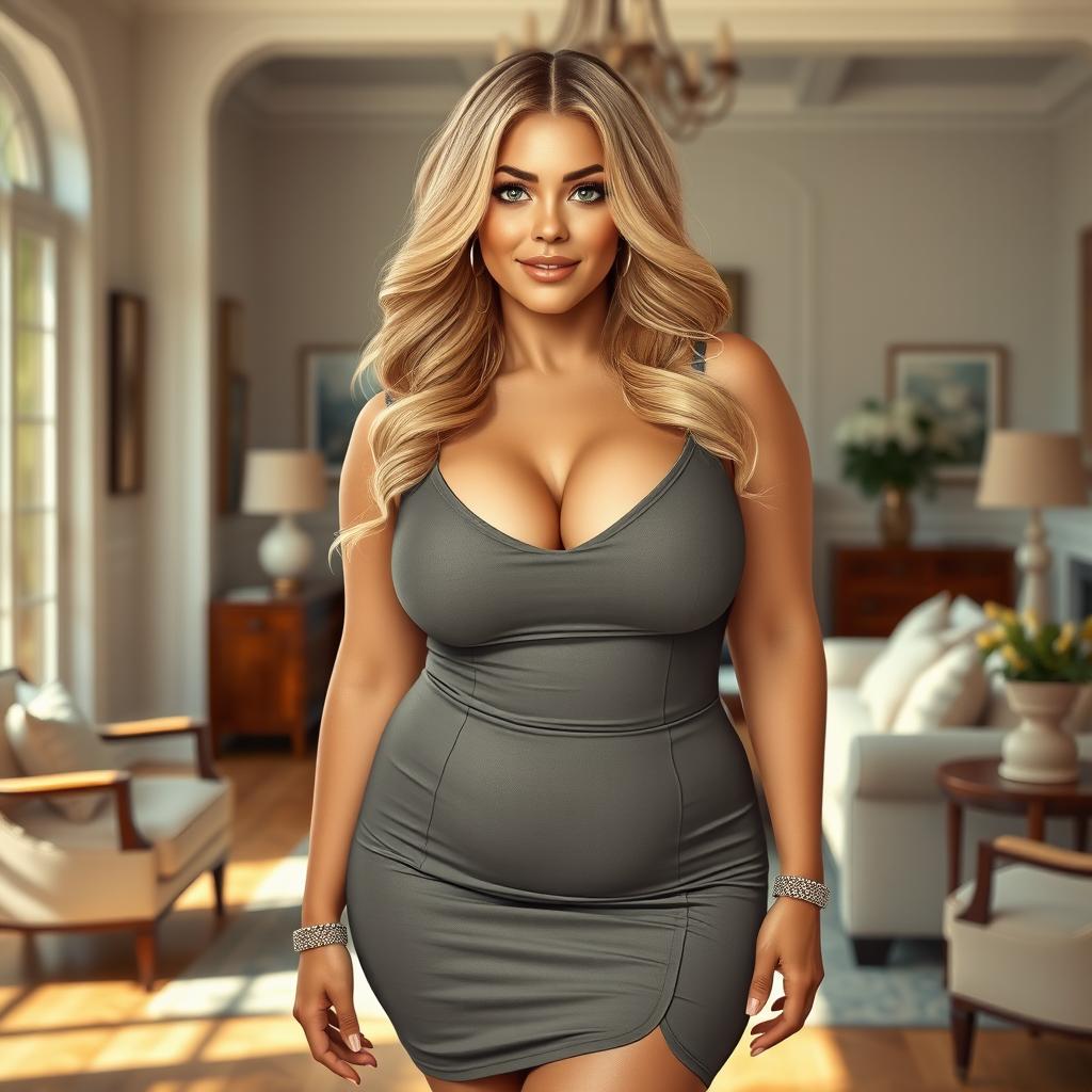 A realistic depiction of a curvy woman with a confident and alluring expression, showcasing her natural body shape and larger bust
