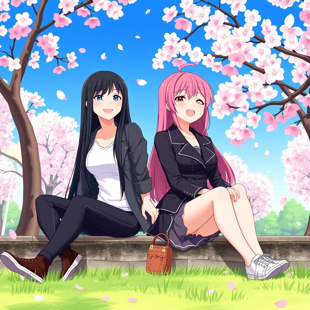 A beautifully illustrated scene featuring Sakurajima Mai and Senjougahara Hitagi sitting together in a serene park during cherry blossom season