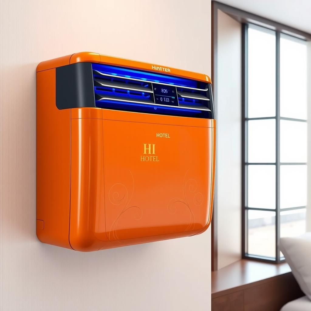 An orange air conditioning unit designed for a hotel room, showcasing a sleek and modern aesthetic