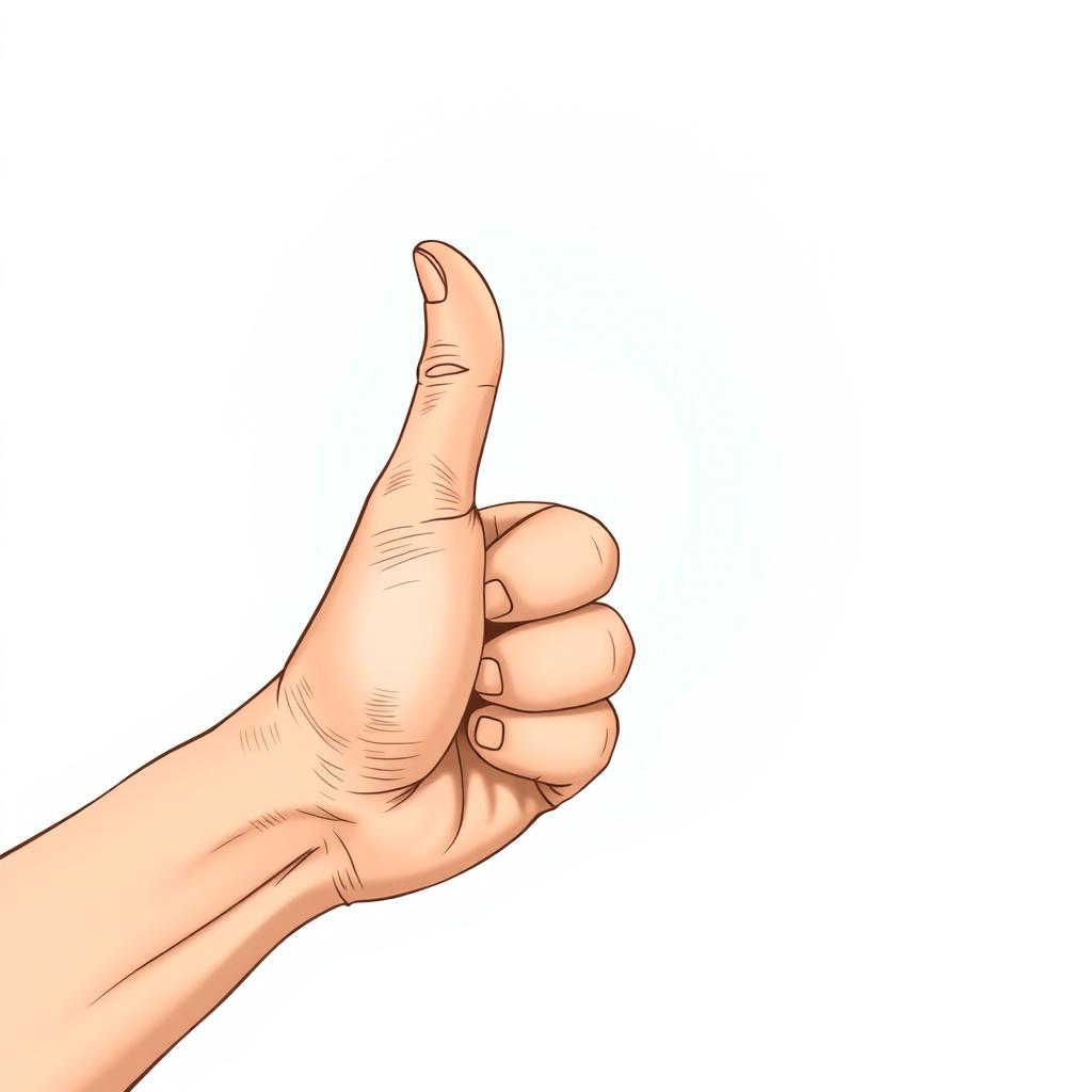 A detailed illustration of a hand, showing it from a side view with the thumb raised in a thumbs-up gesture