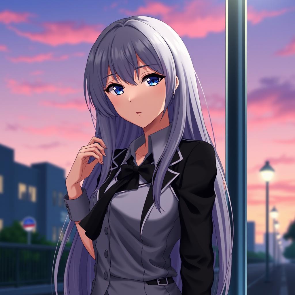 A beautifully detailed portrait of Senjougahara Hitagi, a character known for her striking, long silver hair and sharp, captivating eyes