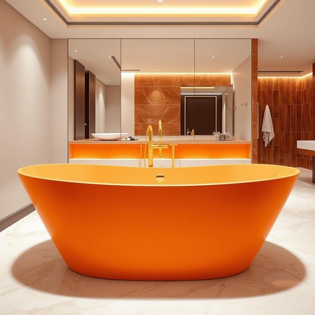 An eye-catching orange bathtub designed for a luxurious hotel bathroom, featuring a sleek, modern shape with smooth curves