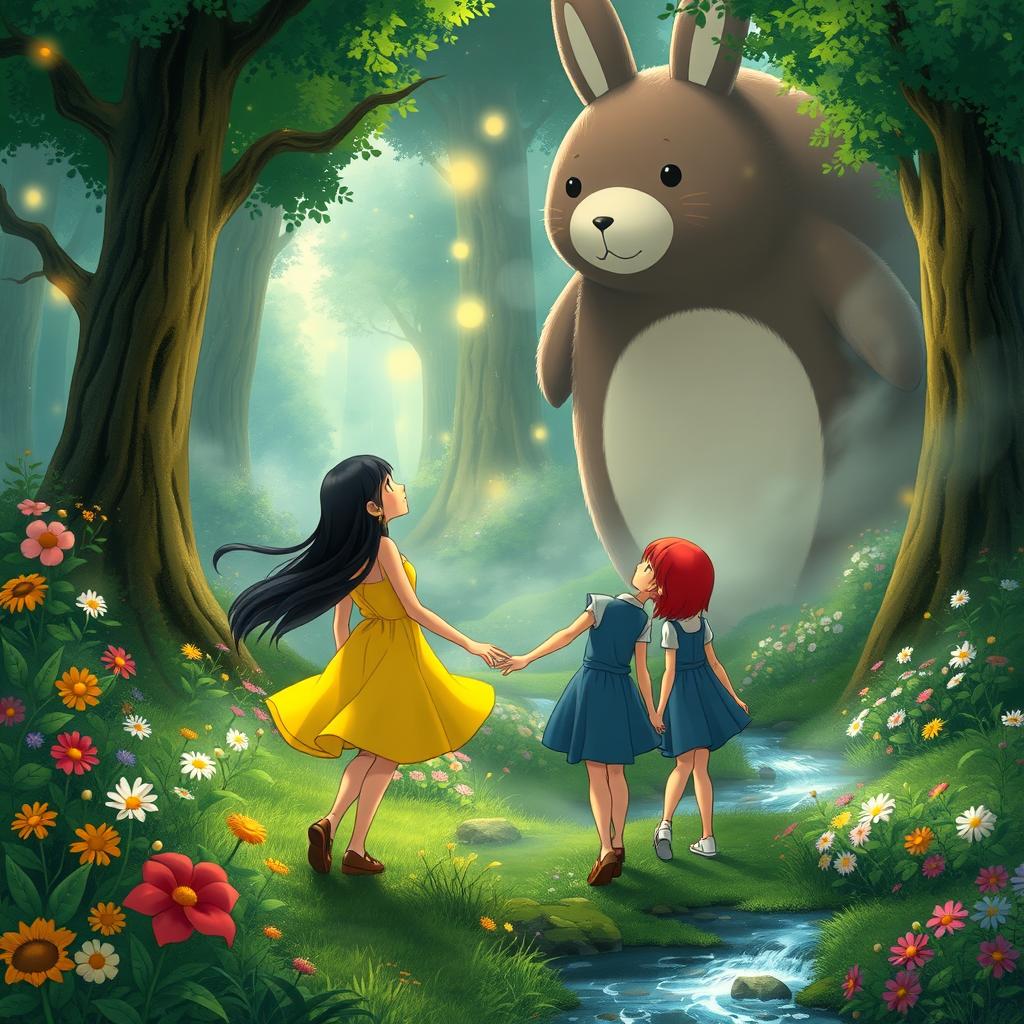 A whimsical scene in the style of Studio Ghibli, featuring two adventurous girls exploring a lush, enchanted forest filled with vibrant flowers and mystical creatures