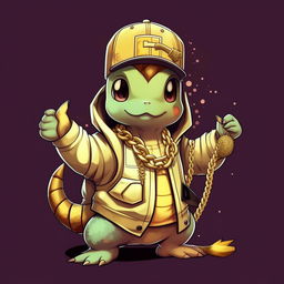 A stylized image of Squirtle, the Pokémon character, dressed as a rapper with a gold chain, snapback cap and holding a microphone