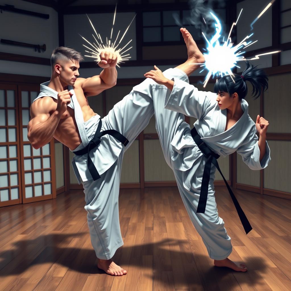 A dynamic scene depicting a thrilling karate fight between two skilled martial artists