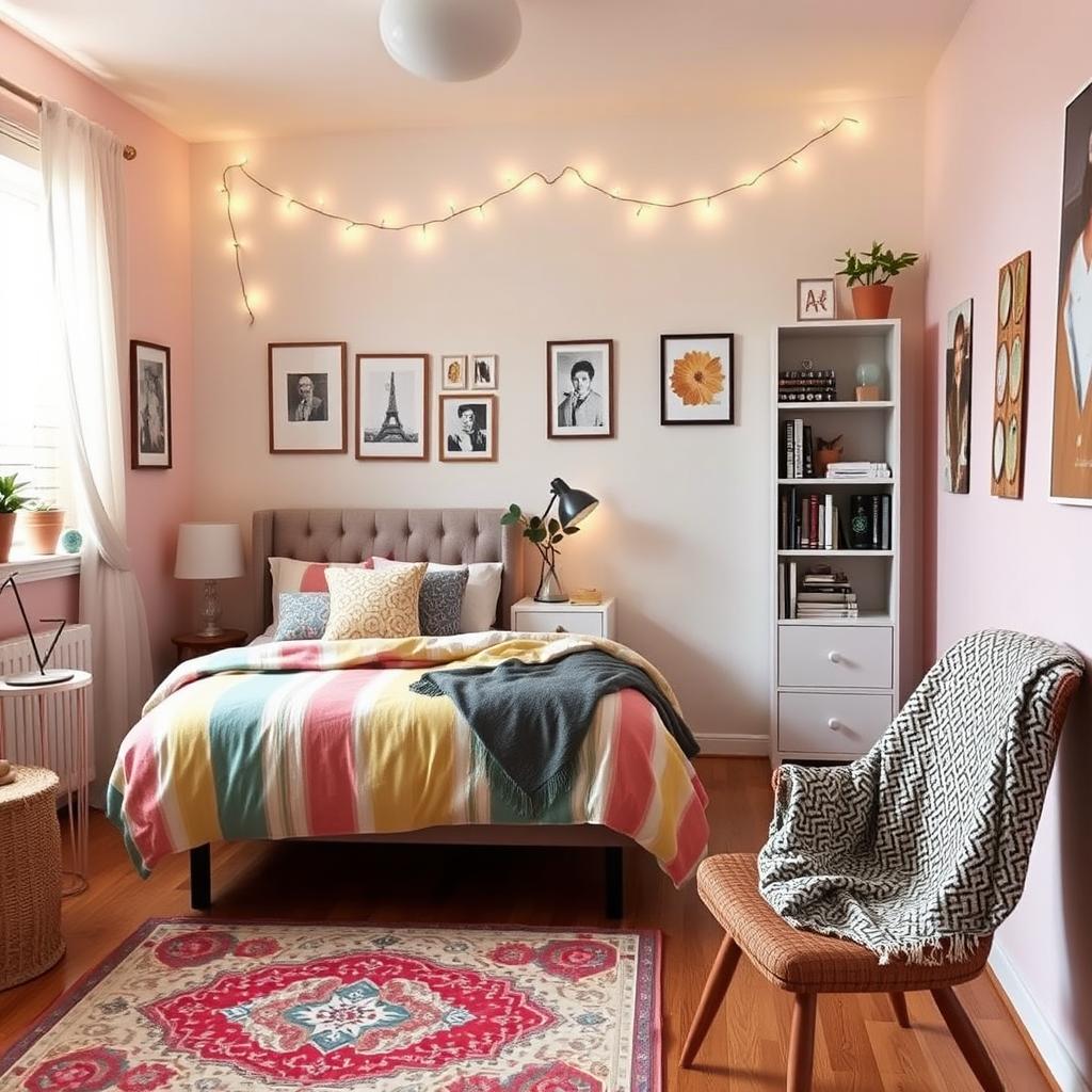 A cozy and well-decorated bedroom, featuring a comfortable bed with colorful bedding, decorative pillows, and a stylish headboard