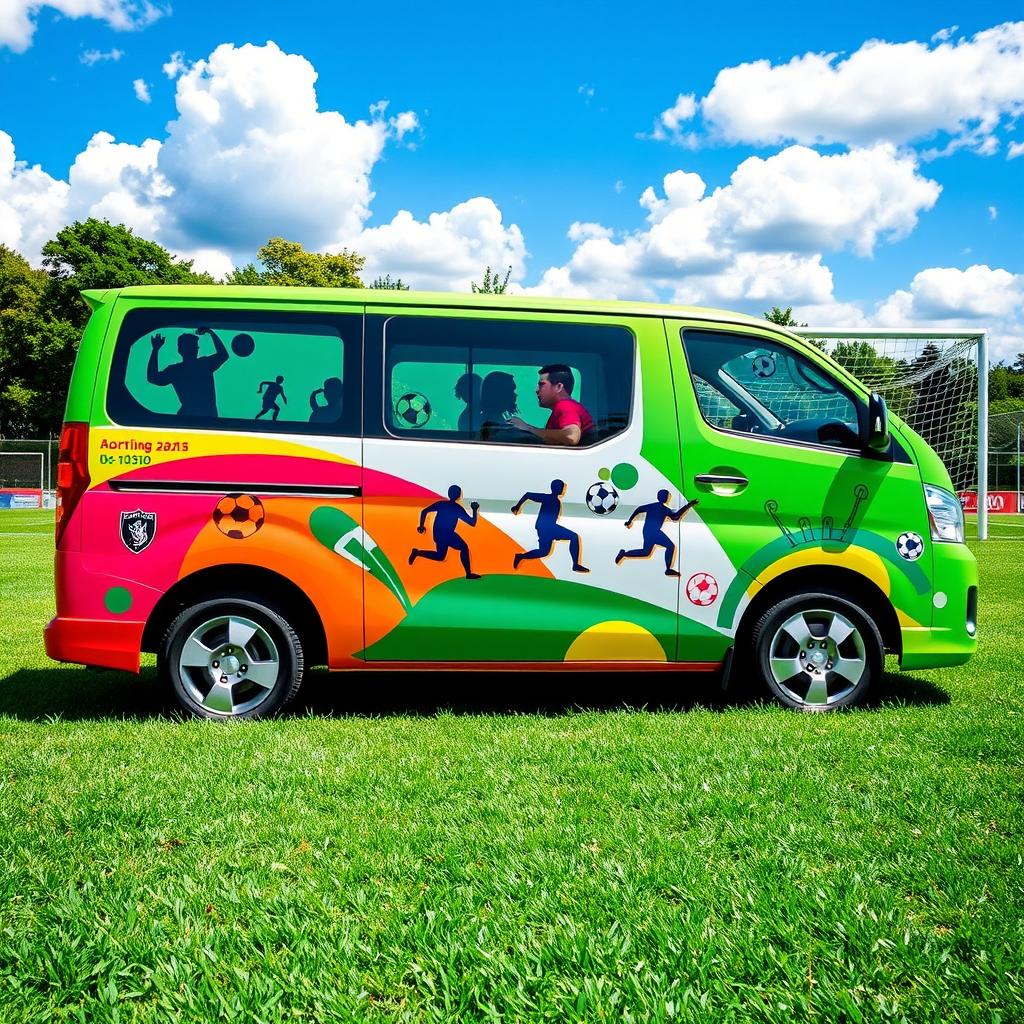 A vibrant and dynamic minivan with a football theme, showcasing various football graphics and designs on the exterior