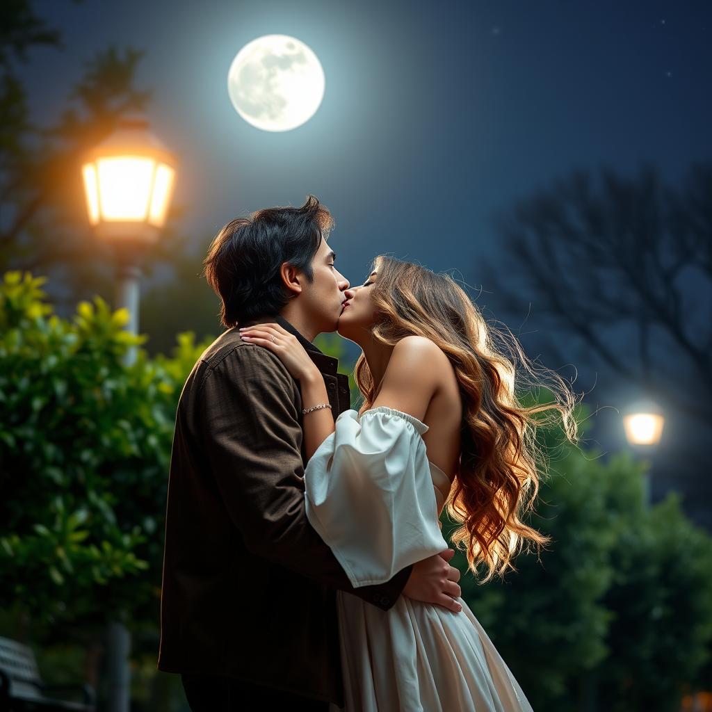 A romantic scene of two lovers sharing a passionate kiss under the moonlight in a serene park