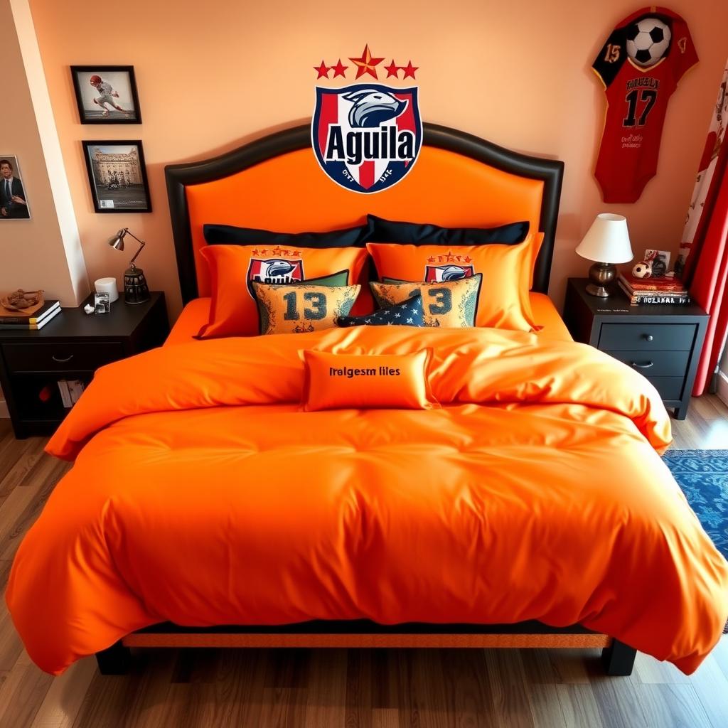 An orange-themed bed designed for a football fan, featuring the logo of the Aguila football club from the Salvadoran league prominently displayed on the bedding and headboard