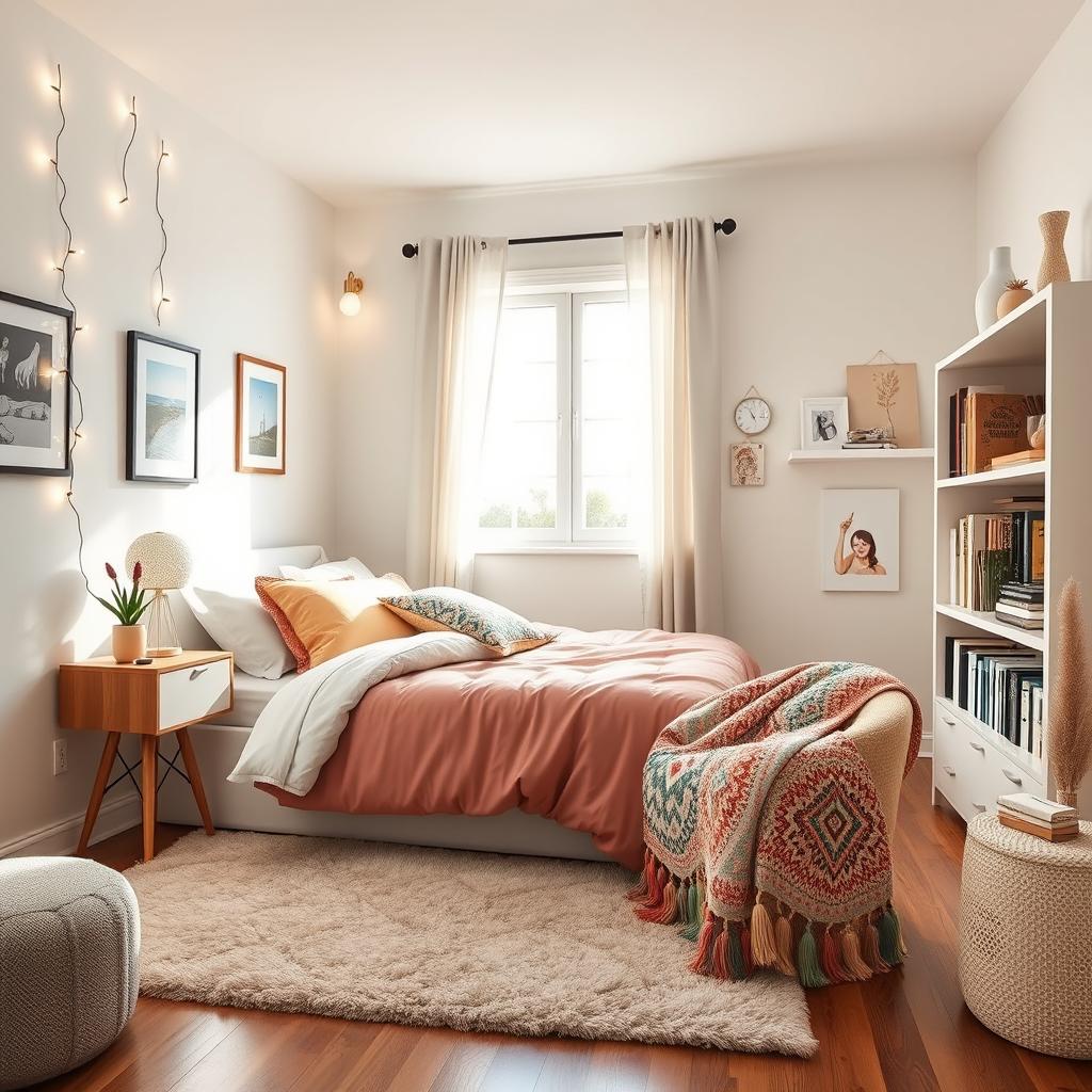 A cozy and stylish bedroom, featuring a neatly made bed with colorful bedding and fluffy pillows