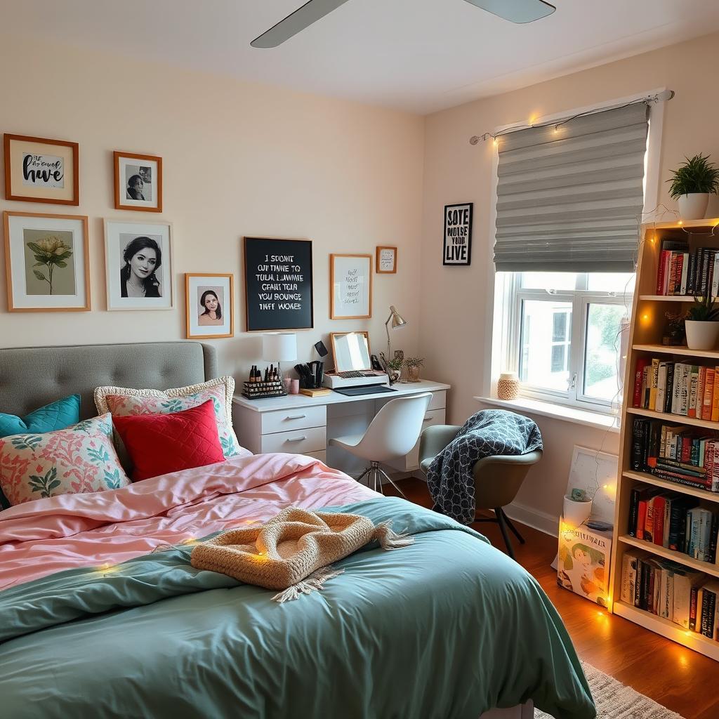 A beautifully styled bedroom of a talented makeup artist and writer, showcasing a comfortable bed adorned with colorful bedding and plush pillows