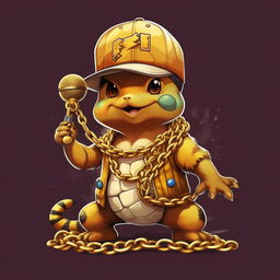 A stylized image of Squirtle, the Pokémon character, dressed as a rapper with a gold chain, snapback cap and holding a microphone