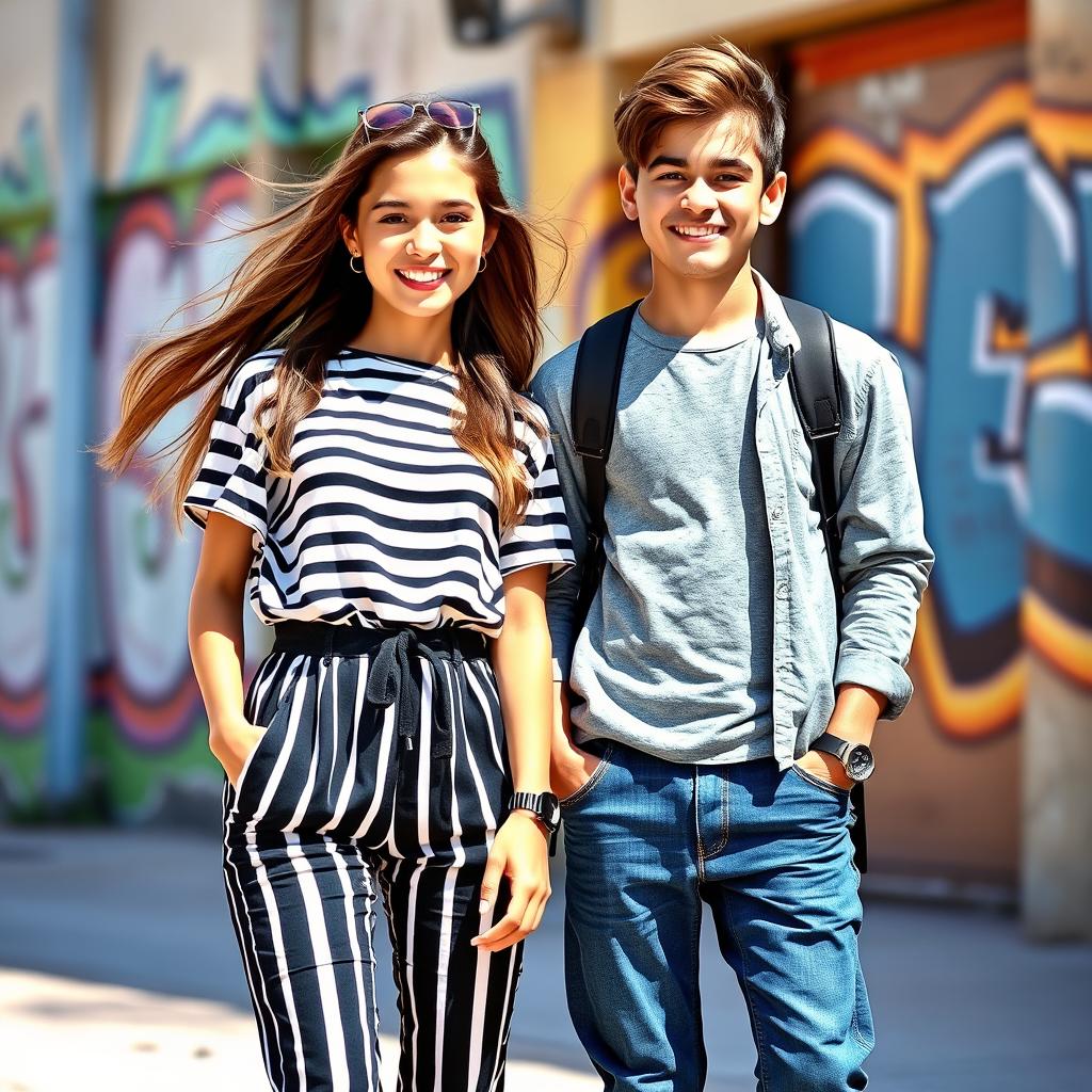 A stylish scene featuring a fashionable girl wearing a striped outfit, standing confidently with a boy by her side