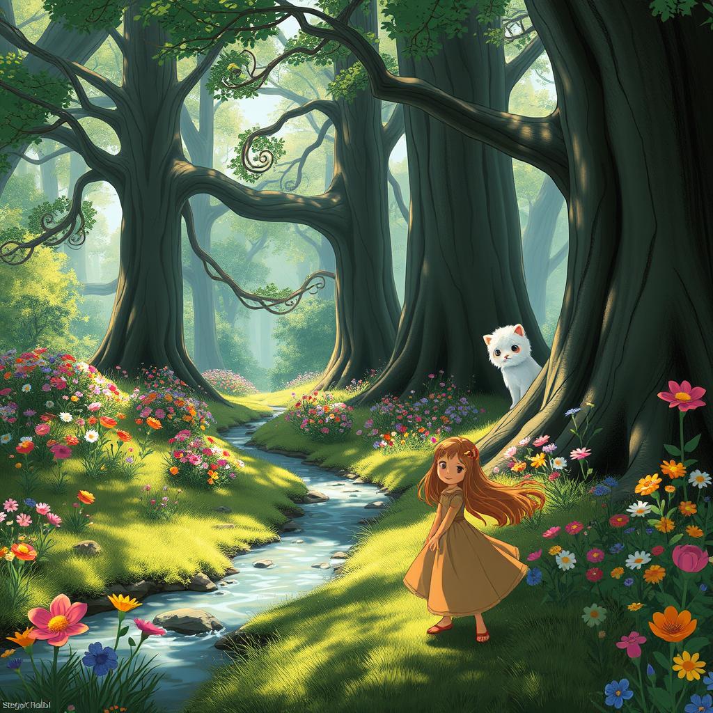 A whimsical forest scene inspired by Studio Ghibli, featuring a serene glade with towering ancient trees and colorful flowers in full bloom