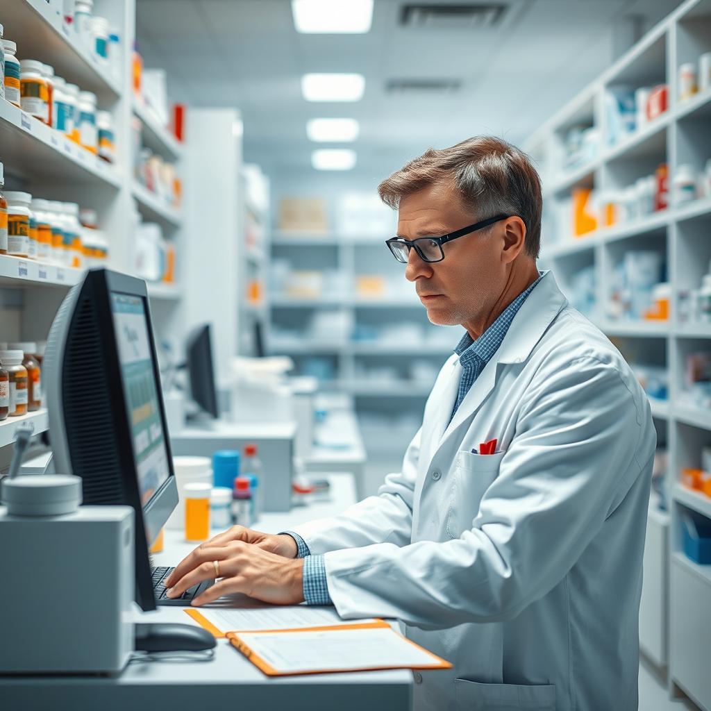 A focused hospital pharmacist, in a busy pharmacy setting, expertly preparing medications with attention to detail