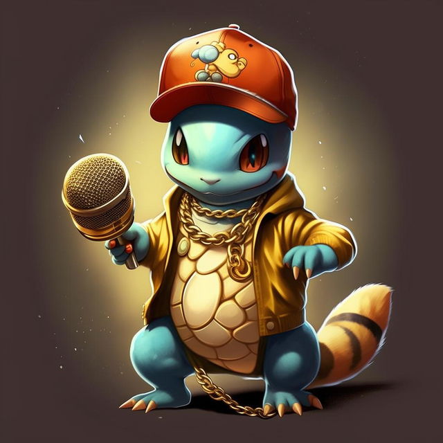 A stylized image of Squirtle, the Pokémon character, dressed as a rapper with a gold chain, snapback cap and holding a microphone