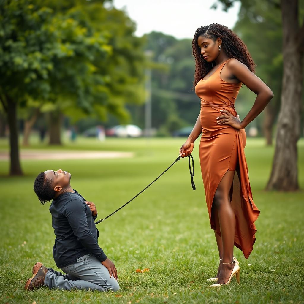 A tall African woman confidently standing with a leash in her hand, attached to a man on his hands and knees