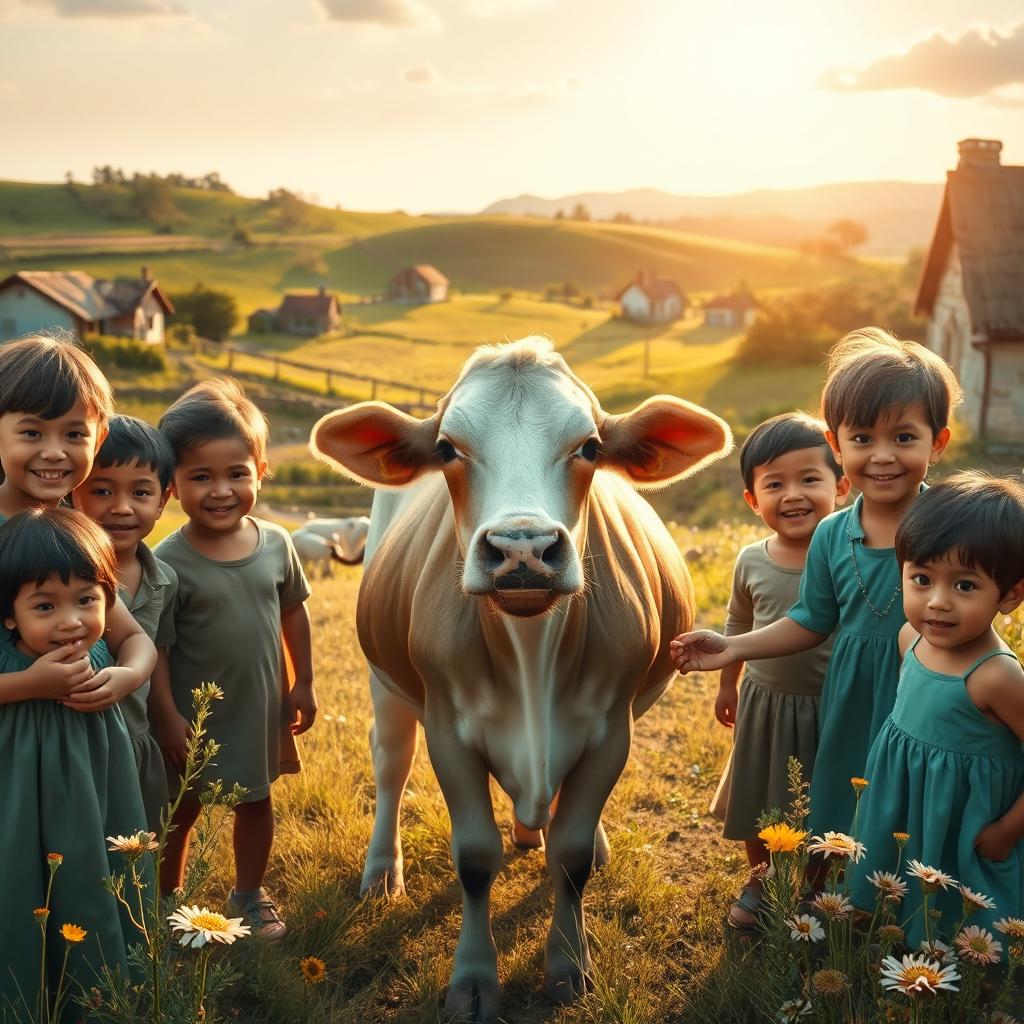 A serene village scene featuring a gentle cow surrounded by happy children, all smiling as they feed her