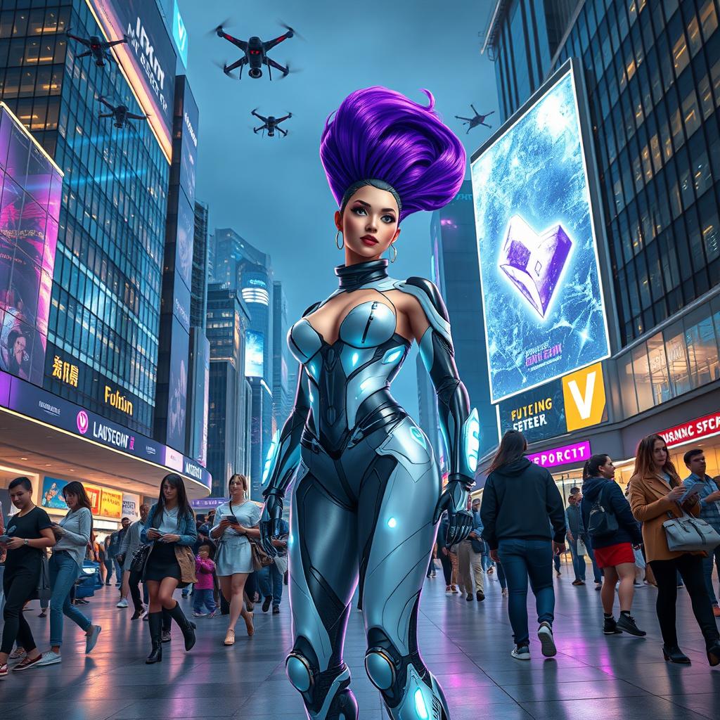 A futuristic scene featuring the same character, a striking woman with vibrant purple hair styled in an elaborate way, standing confidently in a bustling city square