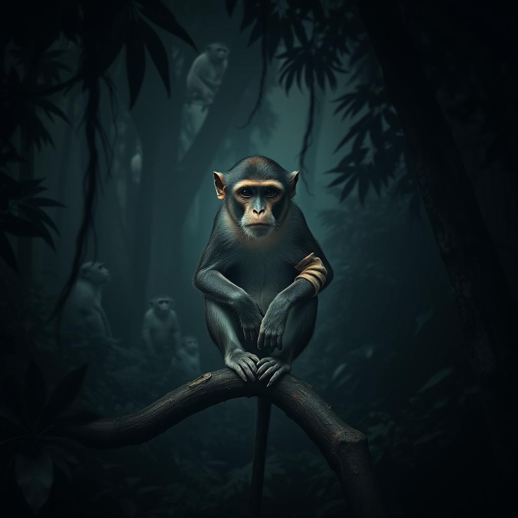 A solitary monkey sitting on a tree branch, exhibiting a sad expression due to a visibly broken arm