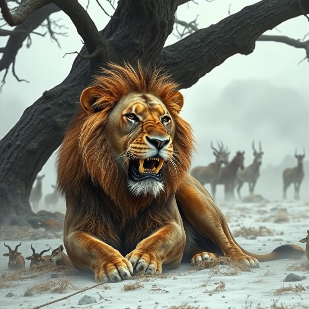 An aging lion with visibly weak teeth, sitting under a sprawling tree, embodying a sense of tiredness and loneliness