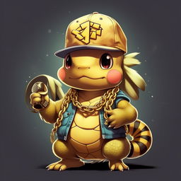 A stylized image of Squirtle, the Pokémon character, dressed as a rapper with a gold chain, snapback cap and holding a microphone