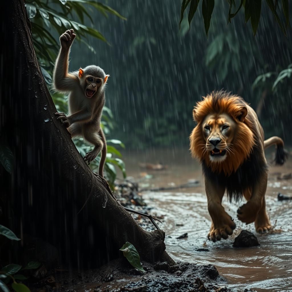A dramatic and emotional scene set in a dark jungle during heavy rain