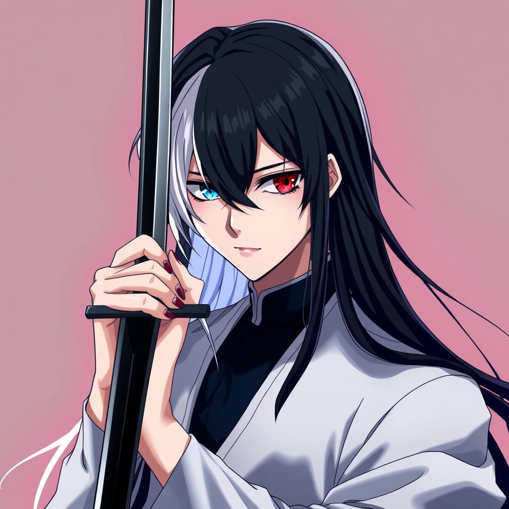 An anime character inspired by Bleach, featuring a young 18-year-old man with striking long black hair that has a half white section