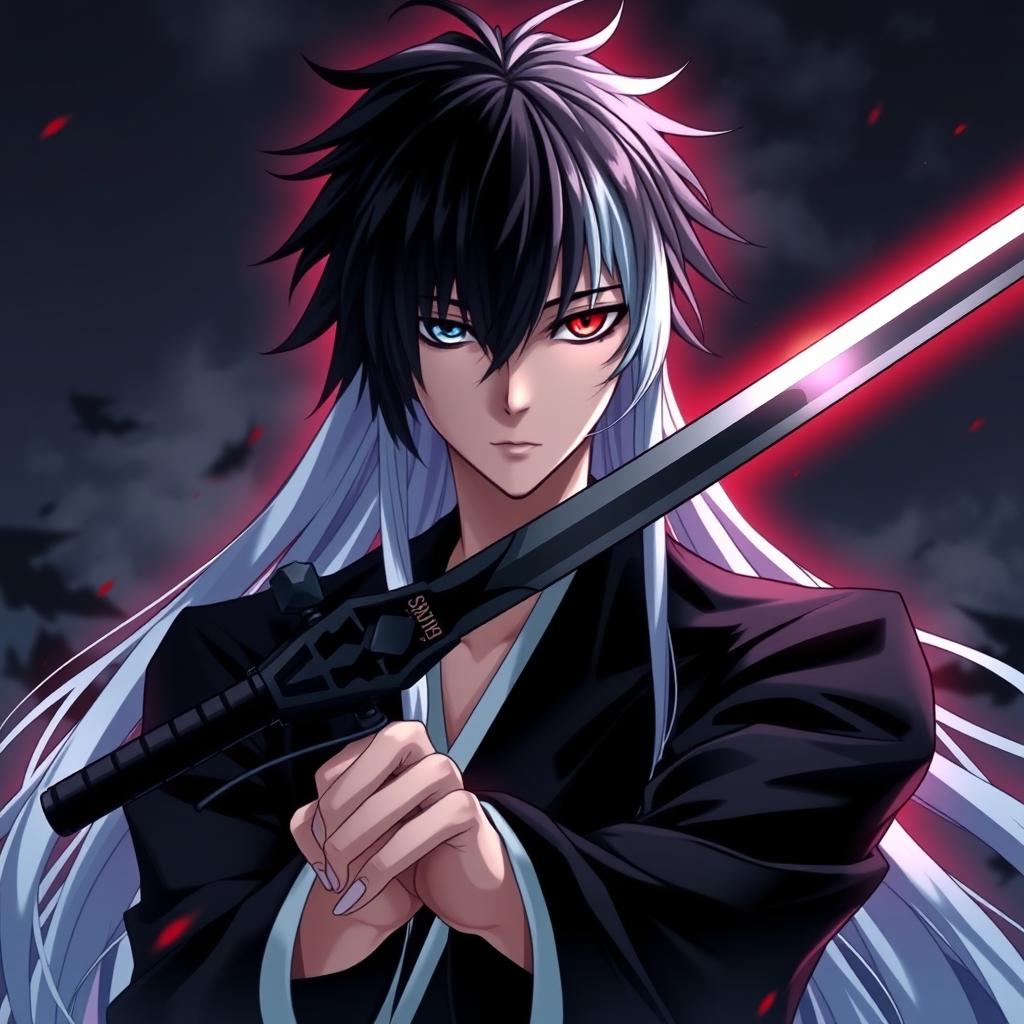 An anime character inspired by Bleach, featuring a strikingly unique appearance with exceptionally long black hair and half white strands