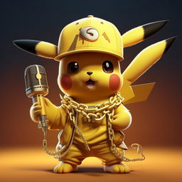 A stylized image of Pikachu, the Pokemon character, dressed in hip hop style with a golden chain, trendy hat, and holding a microphone