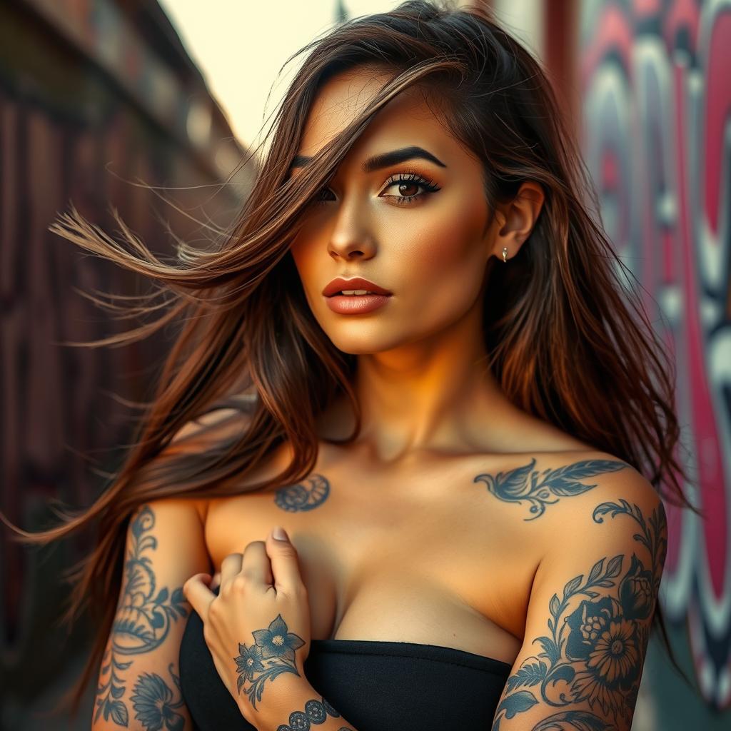 A beautiful woman with intricate tattoos adorning her arms and shoulders, showcasing a mix of floral and tribal designs