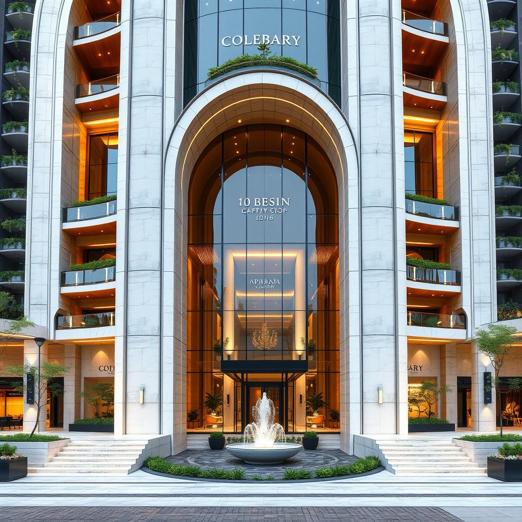 Design a façade of a 15-storey sustainable tower with a dynamic form inspired by dolphins, blending elements of neoclassical and futuristic architecture
