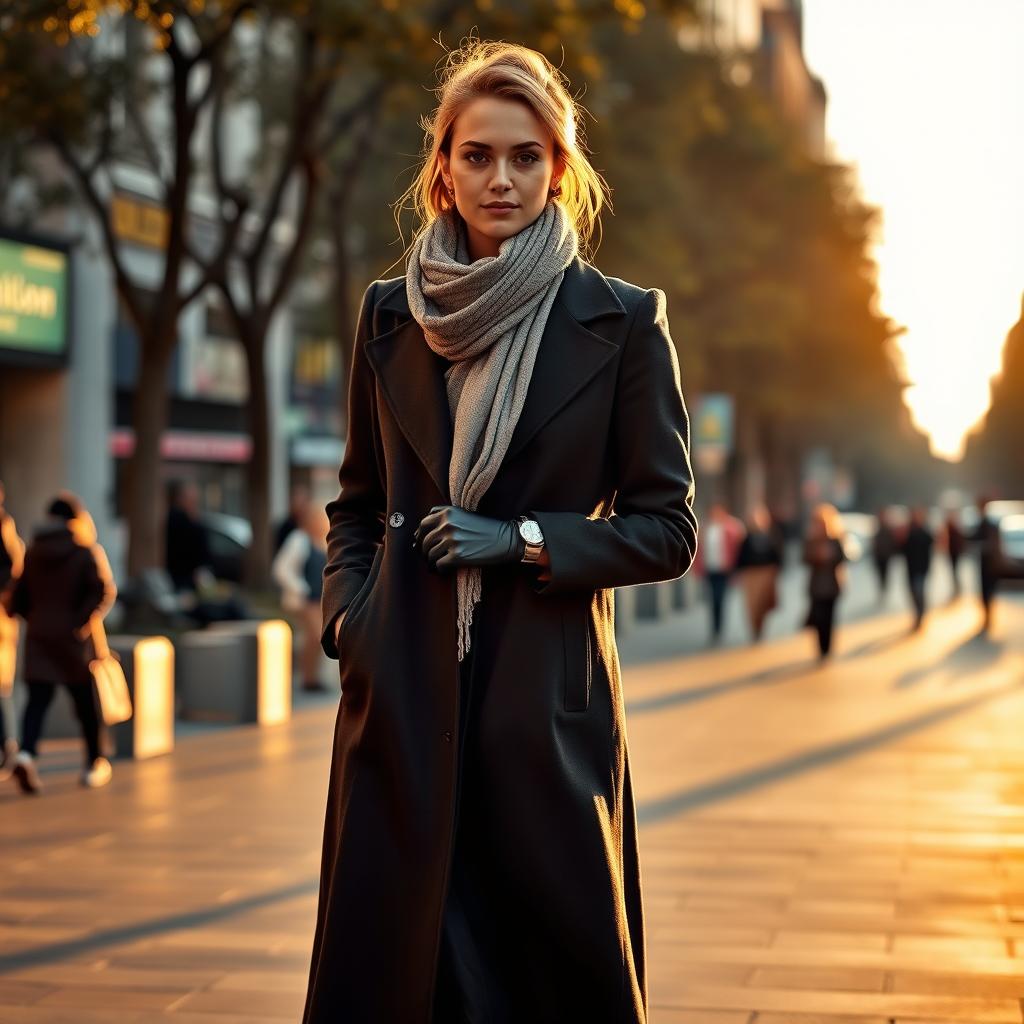 A fashionable individual wearing a stylish long coat, standing confidently in an urban setting