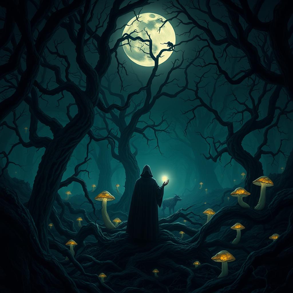 A captivating dark fantasy scene with a mysterious, shadowy forest filled with twisted trees and glowing mushrooms