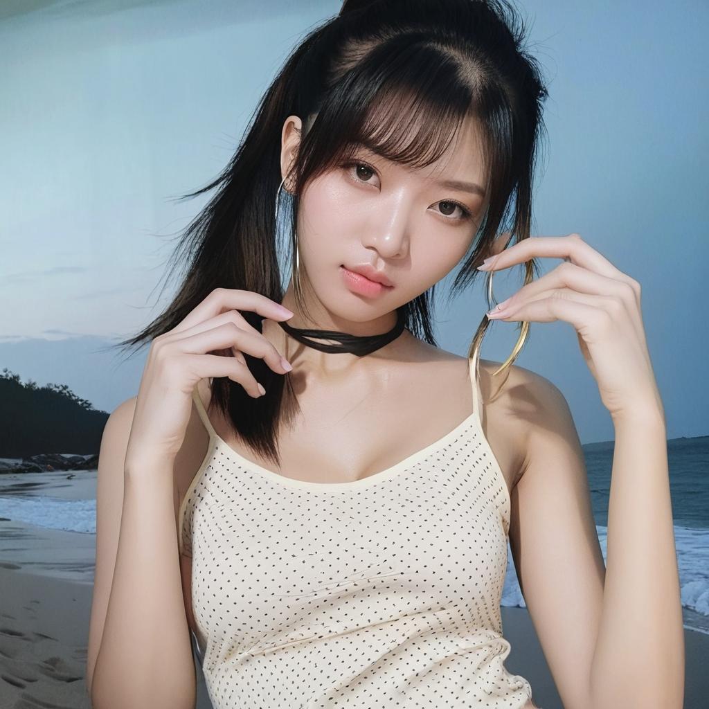 Change the background and atmosphere to a realistic night beach.