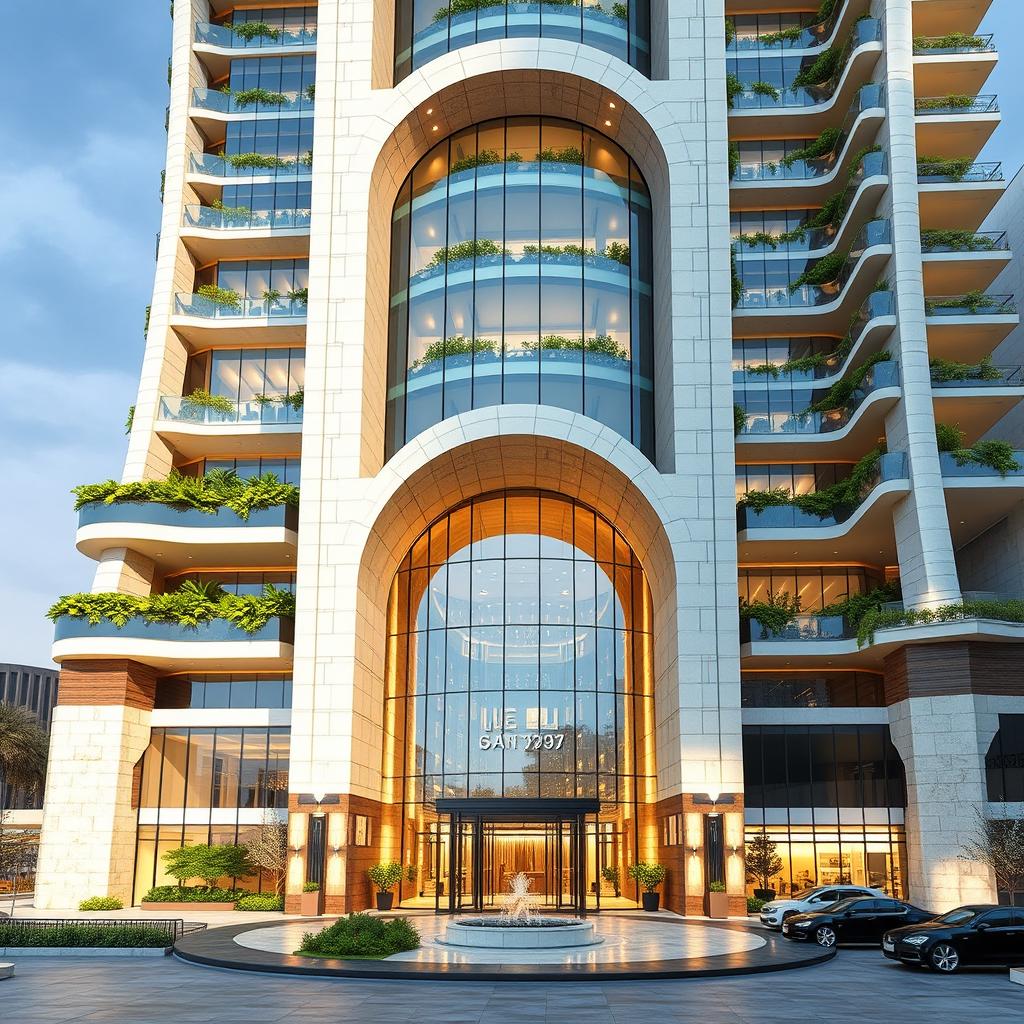 A highly detailed and artistic representation of a sustainable 15-storey tower designed with a dynamic form inspired by dolphins