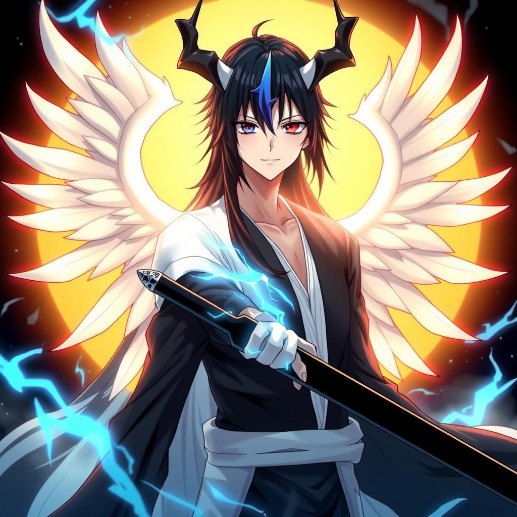 An original anime character inspired by Bleach, featuring striking long black and half white hair