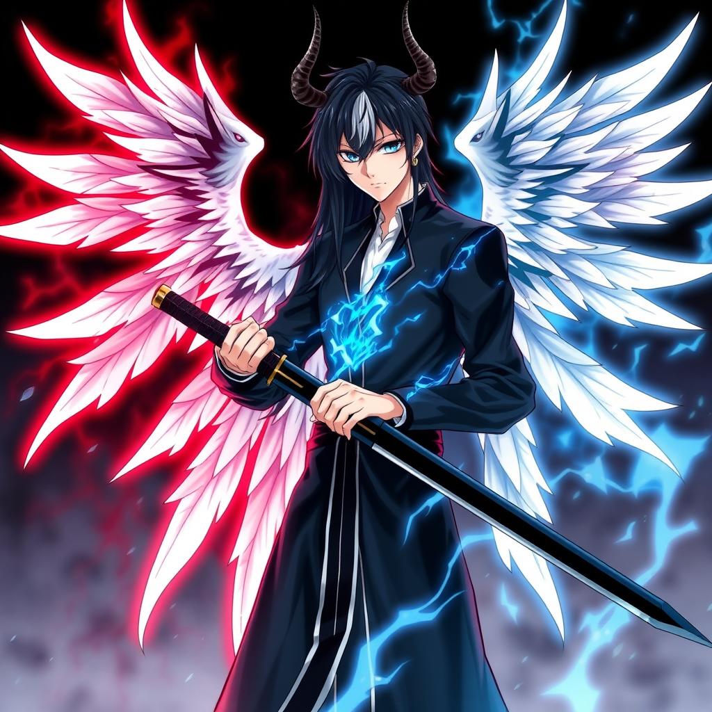 An anime character inspired by Bleach with an intricate design: an 18-year-old male Soul Society captain with striking long black and half white hair, and mismatched eyes - one dark blue and the other blood red