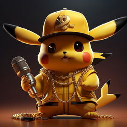 A stylized image of Pikachu, the Pokemon character, dressed in hip hop style with a golden chain, trendy hat, and holding a microphone